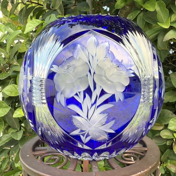 Bohemian Crystal Cobalt Blue Cut to Clear Large Rose Bowl 7” - Picture 4 of 11